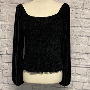 JODIFL Elegant Black Velvet Balloon Sleeve Smocked Top Size Small